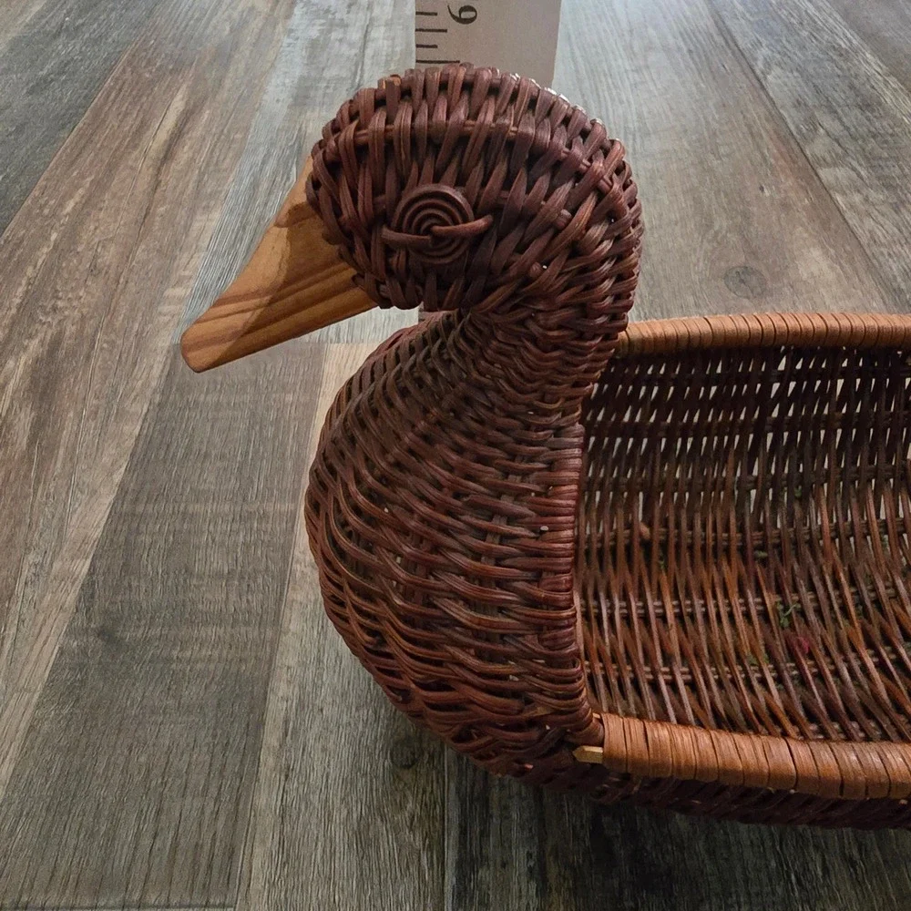 Wicker Duck Basket Wooden Beak Brown Woven Farmhouse Rustic Boho Primitive